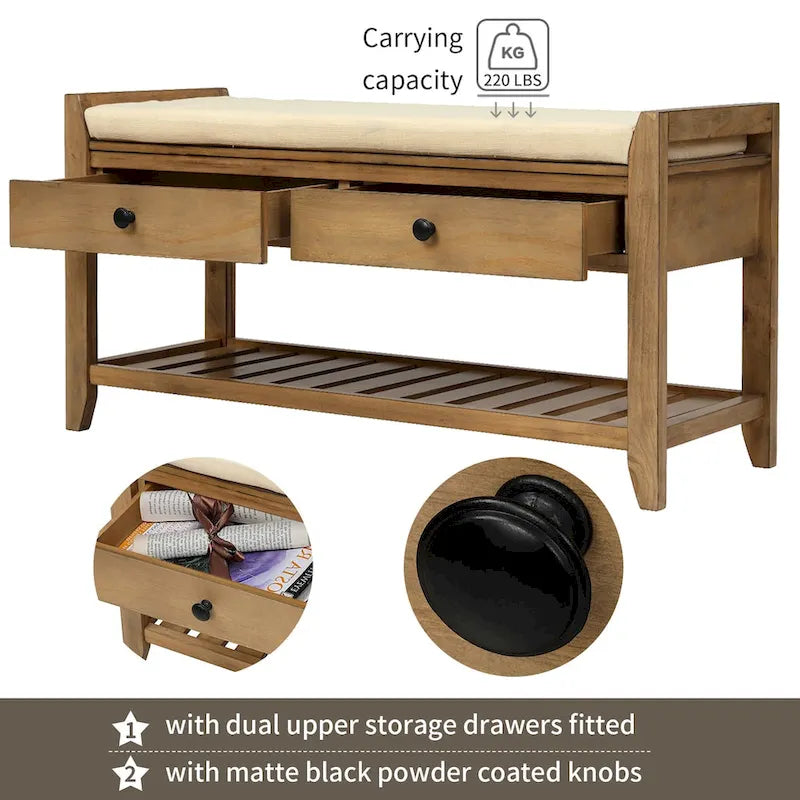 Entryway Storage Bench with Cushioned Seat and Drawers