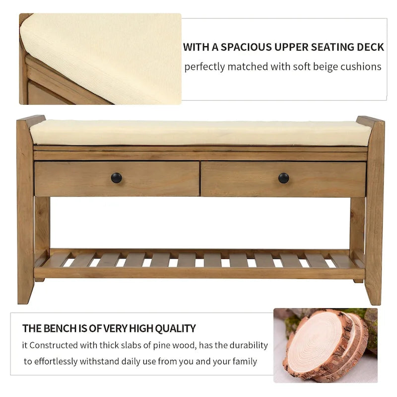 Entryway Storage Bench with Cushioned Seat and Drawers