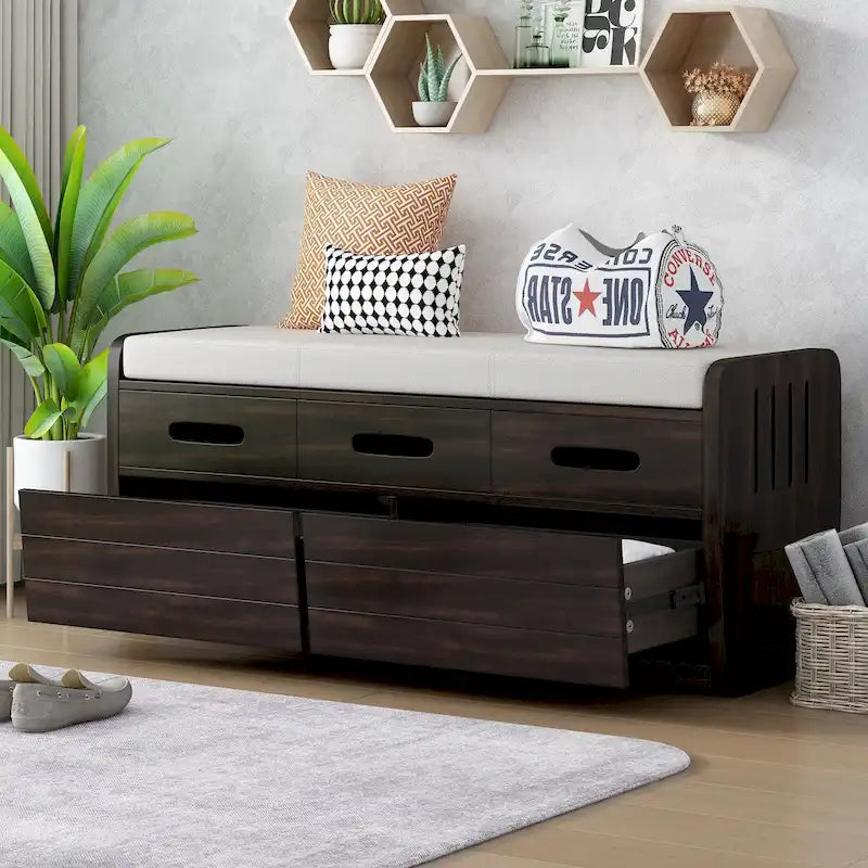 Rustic Storage Bench with 2 Pull-Out Drawers and Decorative Drawer Front Detail