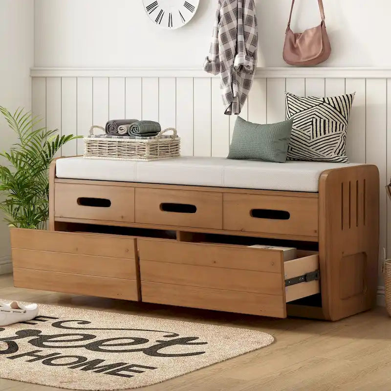 Rustic Storage Bench with 2 Pull-Out Drawers and Decorative Drawer Front Detail