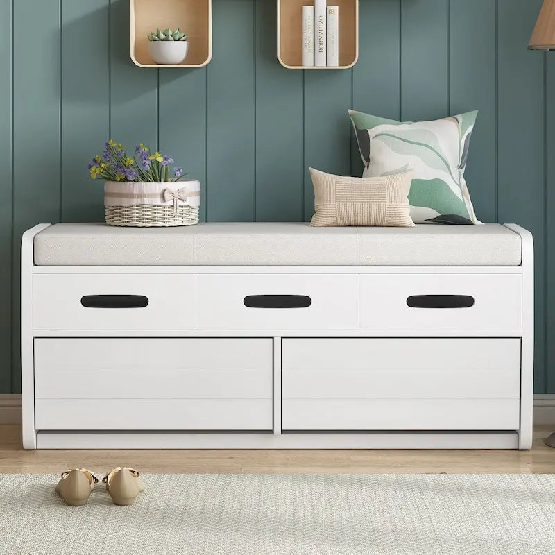 Rustic Storage Bench with 2 Pull-Out Drawers and Decorative Drawer Front Detail