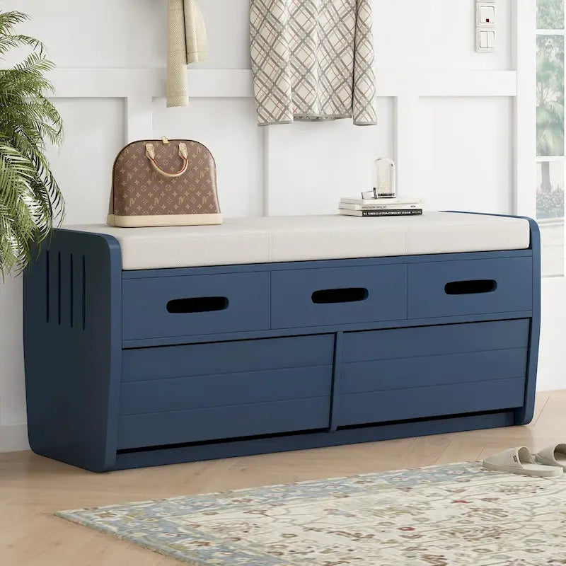 Rustic Storage Bench with 2 Pull-Out Drawers and Decorative Drawer Front Detail