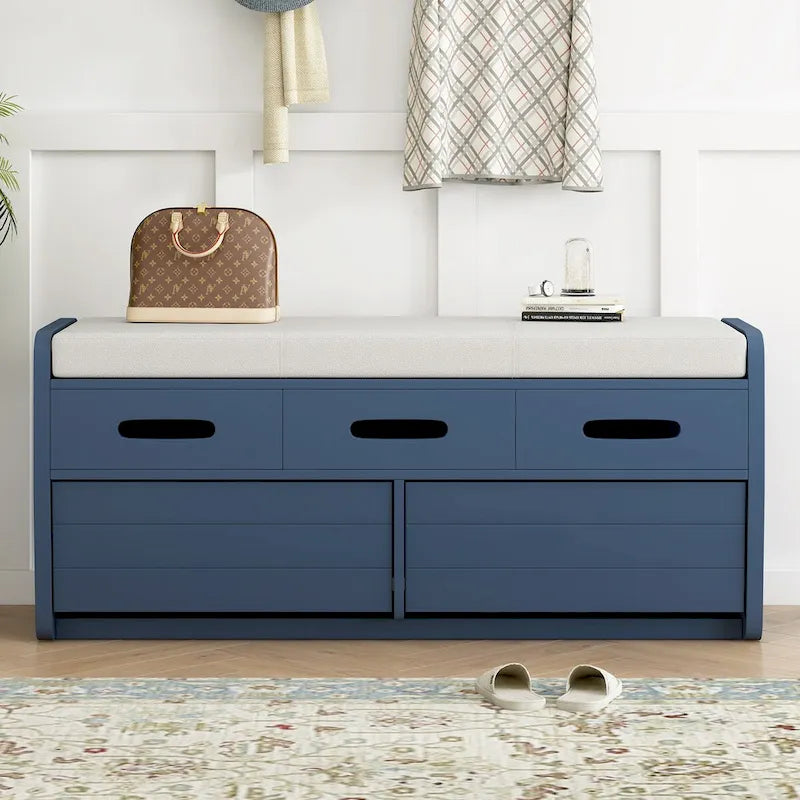 Rustic Storage Bench with 2 Pull-Out Drawers and Decorative Drawer Front Detail