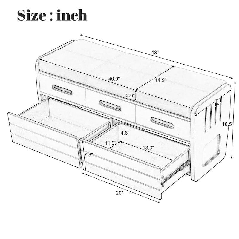 Rustic Storage Bench with 2 Pull-Out Drawers and Decorative Drawer Front Detail