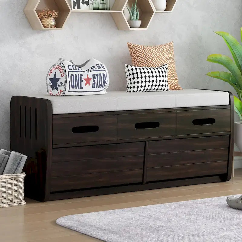 Rustic Storage Bench with 2 Pull-Out Drawers and Decorative Drawer Front Detail