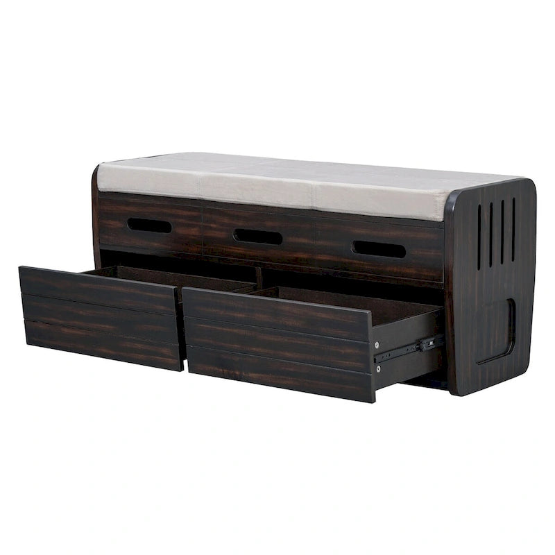 Rustic Storage Bench with 2 Pull-Out Drawers and Decorative Drawer Front Detail