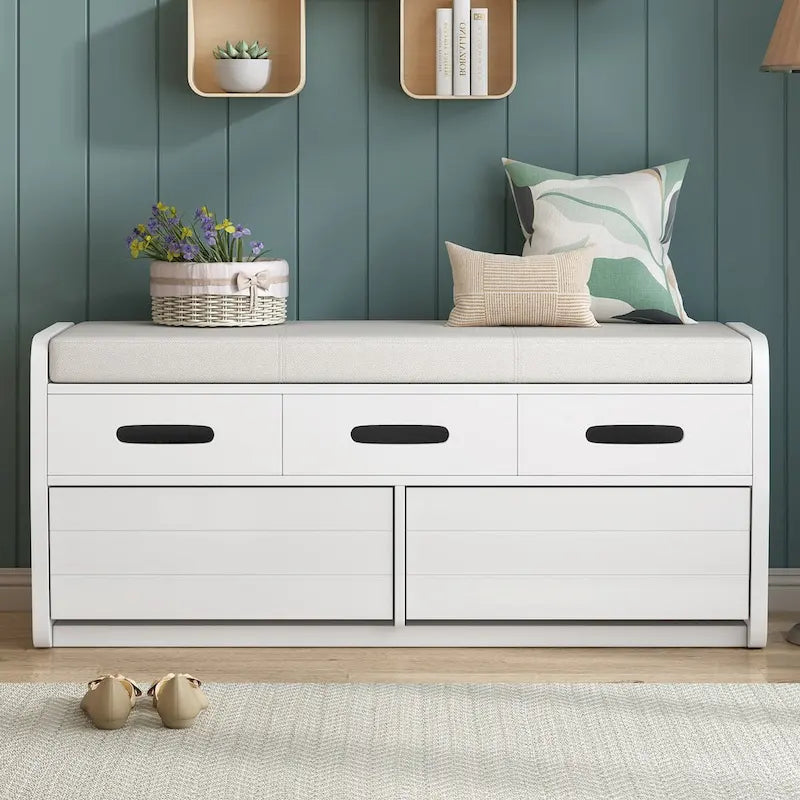 Rustic Storage Bench with 2 Pull-Out Drawers and Decorative Drawer Front Detail