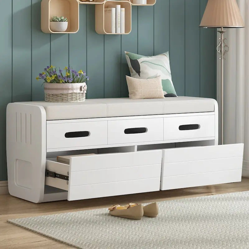 Rustic Storage Bench with 2 Pull-Out Drawers and Decorative Drawer Front Detail