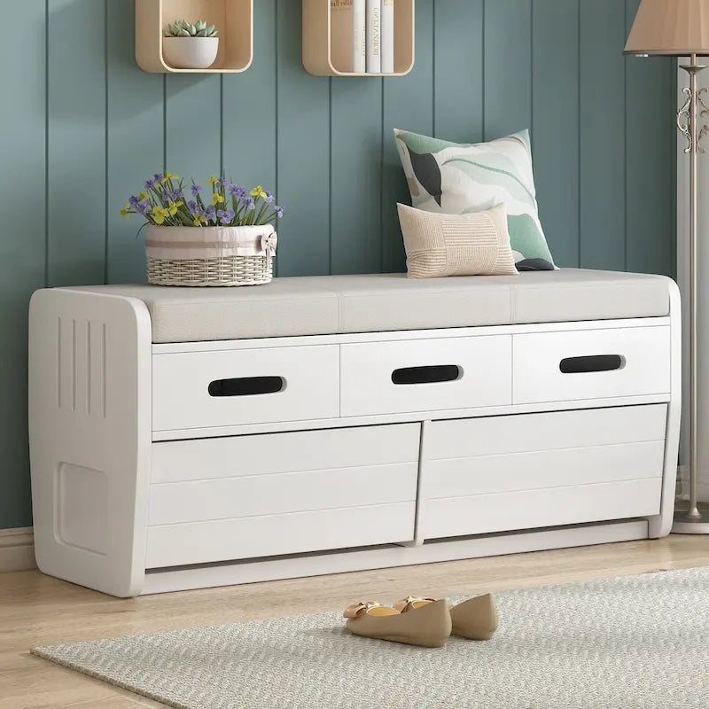Rustic Storage Bench with 2 Pull-Out Drawers and Decorative Drawer Front Detail