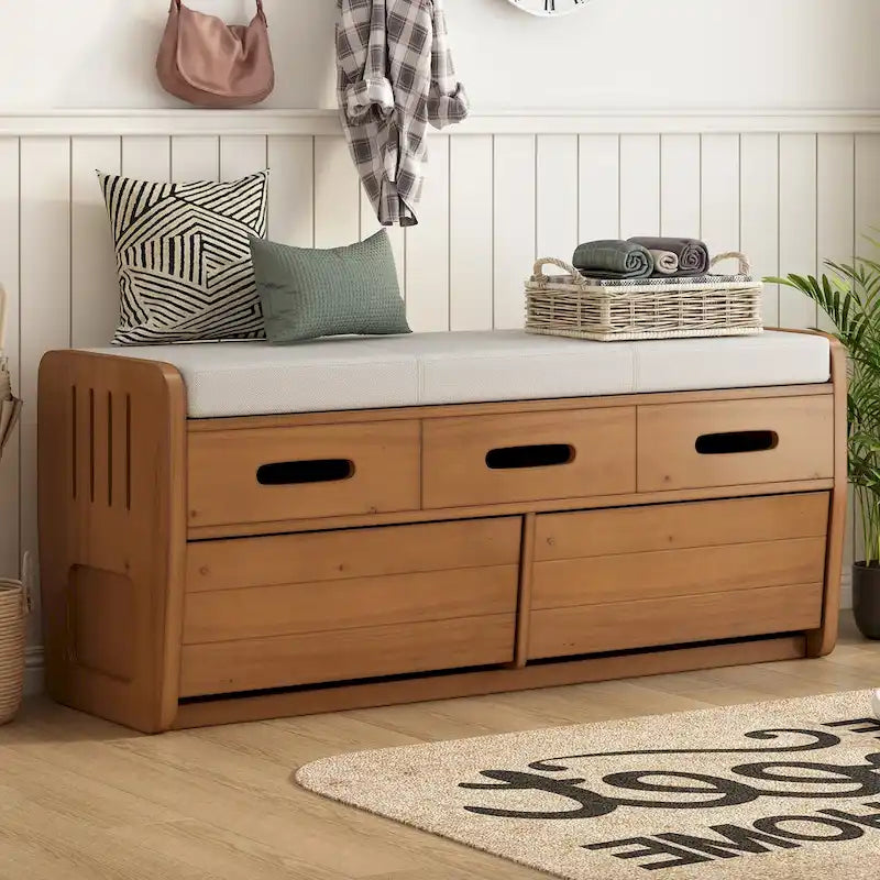 Rustic Storage Bench with 2 Pull-Out Drawers and Decorative Drawer Front Detail