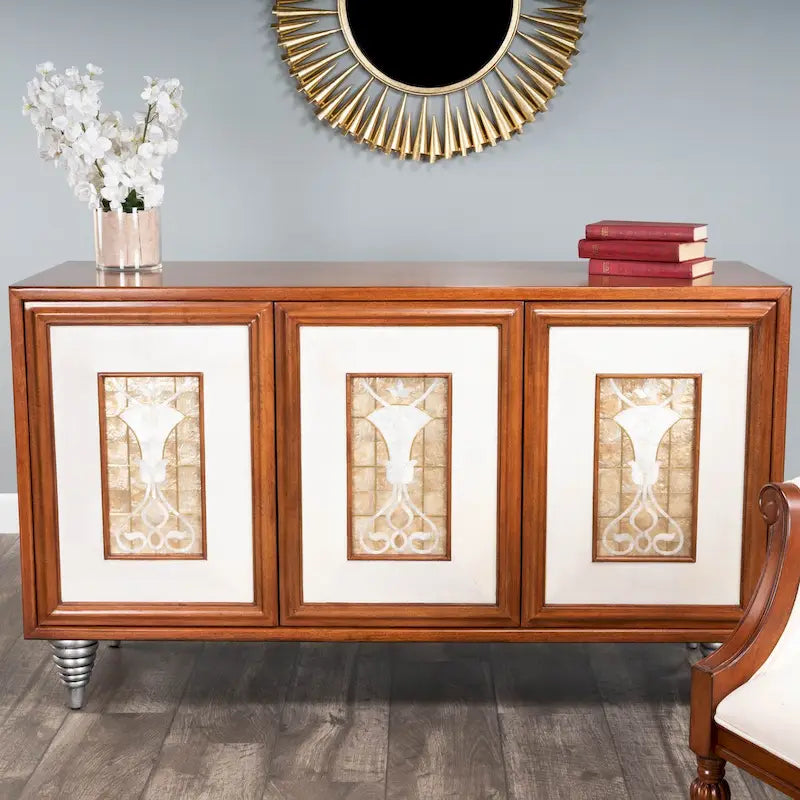 Leather & Capiz Shell Inlay Sideboard with Solid Wood Frame – Medium Brown