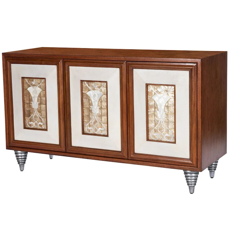 Leather & Capiz Shell Inlay Sideboard with Solid Wood Frame – Medium Brown