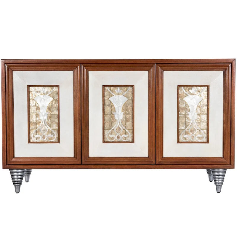 Leather & Capiz Shell Inlay Sideboard with Solid Wood Frame – Medium Brown