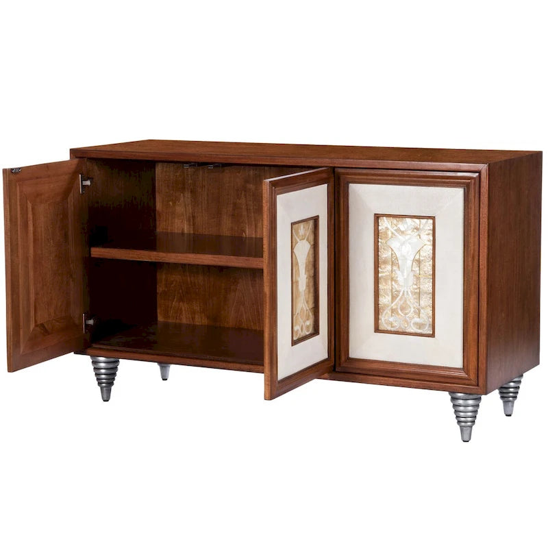 Leather & Capiz Shell Inlay Sideboard with Solid Wood Frame – Medium Brown