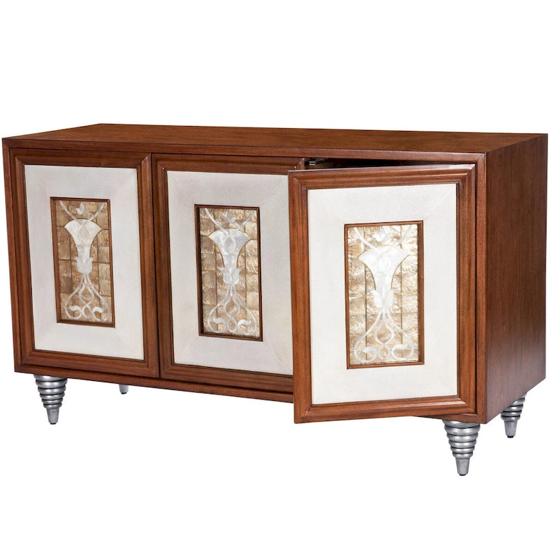 Leather & Capiz Shell Inlay Sideboard with Solid Wood Frame – Medium Brown