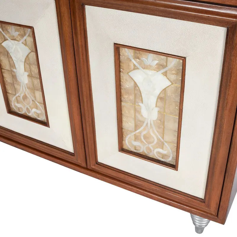 Leather & Capiz Shell Inlay Sideboard with Solid Wood Frame – Medium Brown