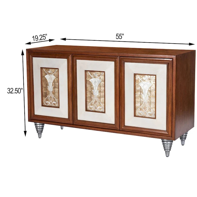 Leather & Capiz Shell Inlay Sideboard with Solid Wood Frame – Medium Brown