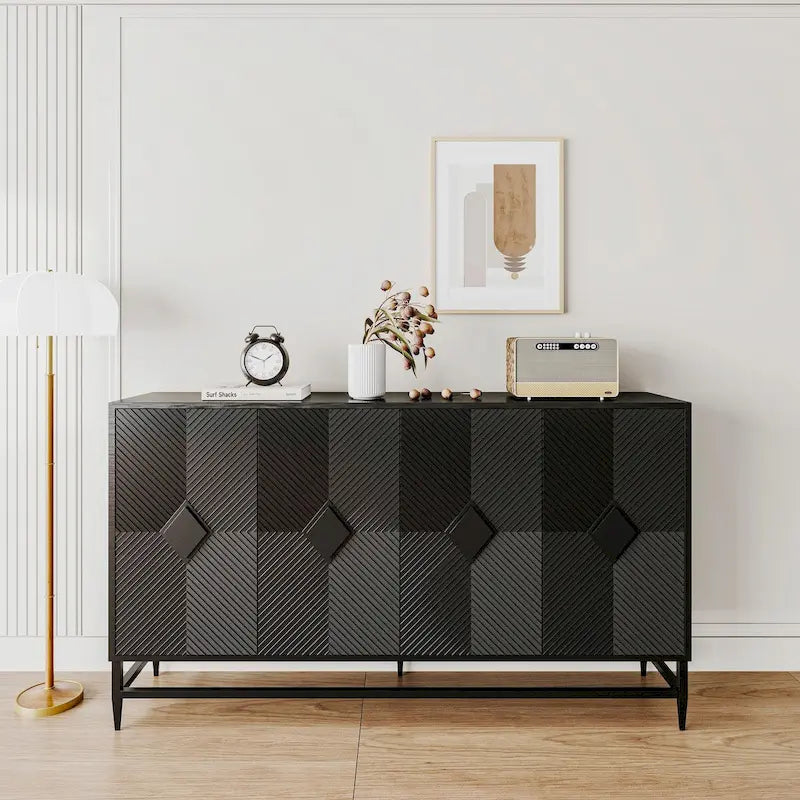Black Lacquered Fluted 4-Door Minimalist Sideboard with Metal Legs