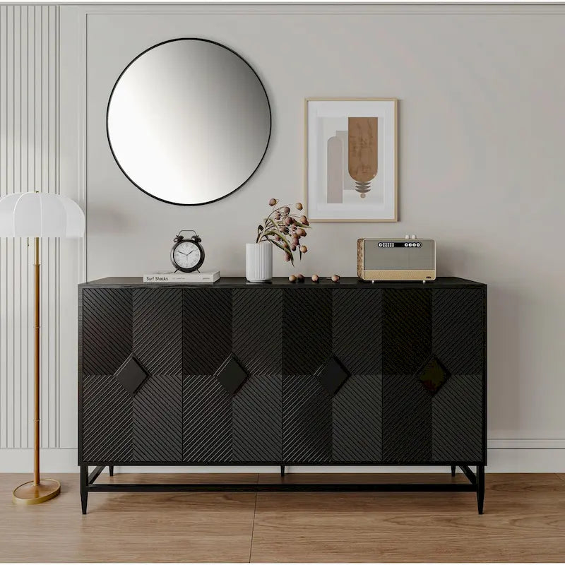 Black Lacquered Fluted 4-Door Minimalist Sideboard with Metal Legs