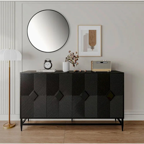 Black Lacquered Fluted 4-Door Minimalist Sideboard with Metal Legs