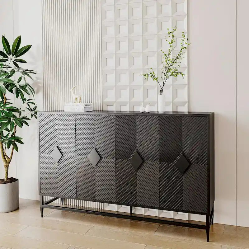 Black Lacquered Fluted 4-Door Minimalist Sideboard with Metal Legs
