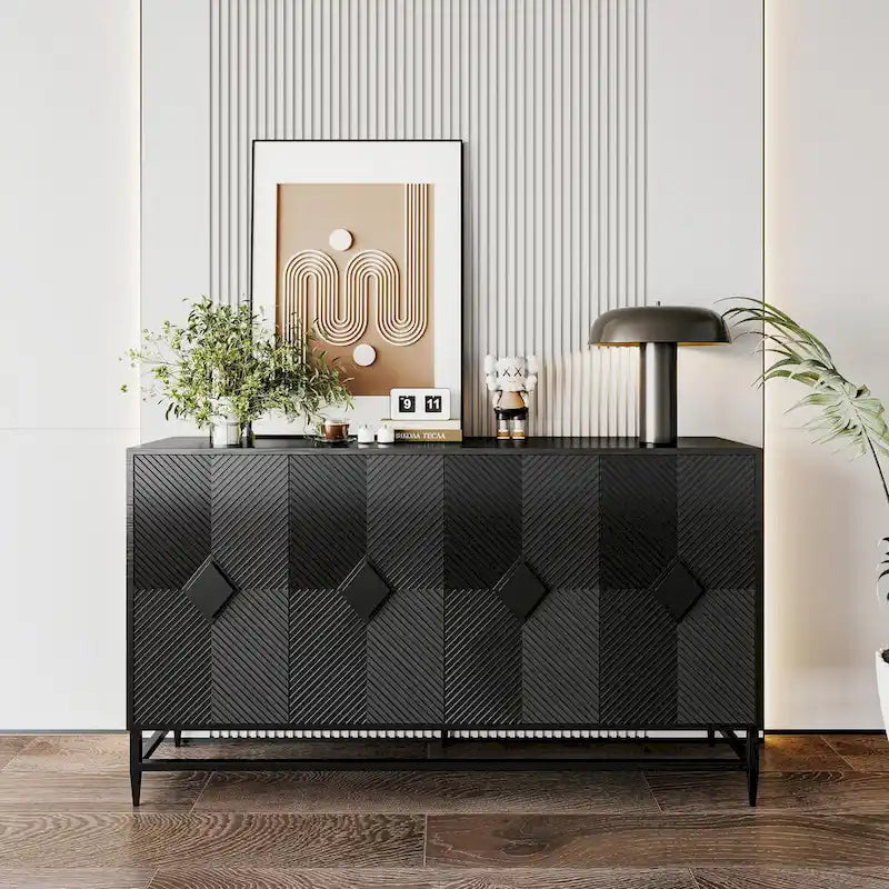 Black Lacquered Fluted 4-Door Minimalist Sideboard with Metal Legs