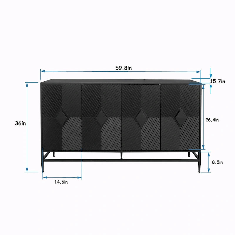 Black Lacquered Fluted 4-Door Minimalist Sideboard with Metal Legs