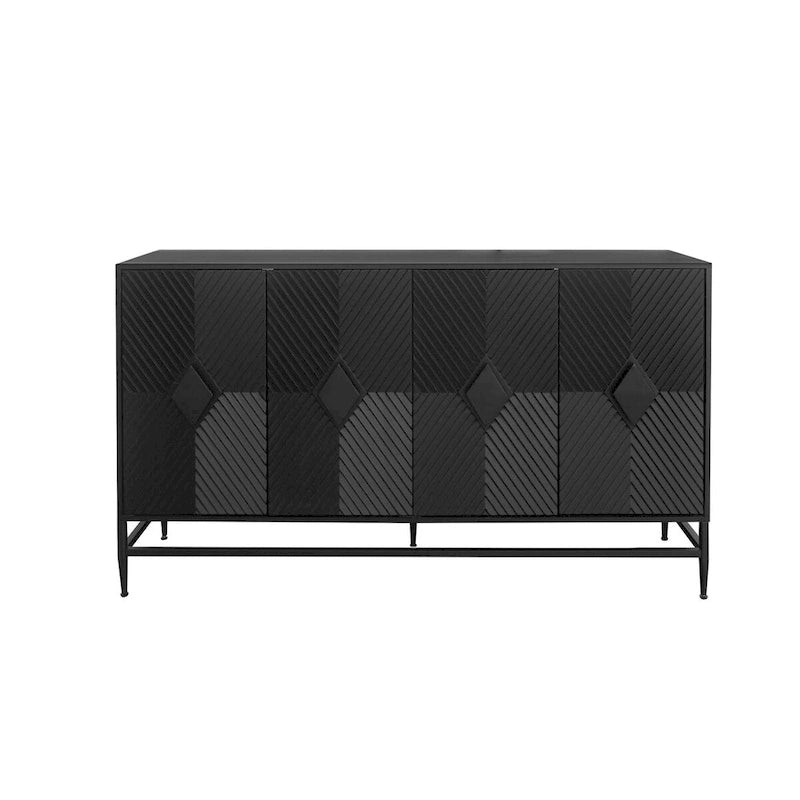 Black Lacquered Fluted 4-Door Minimalist Sideboard with Metal Legs