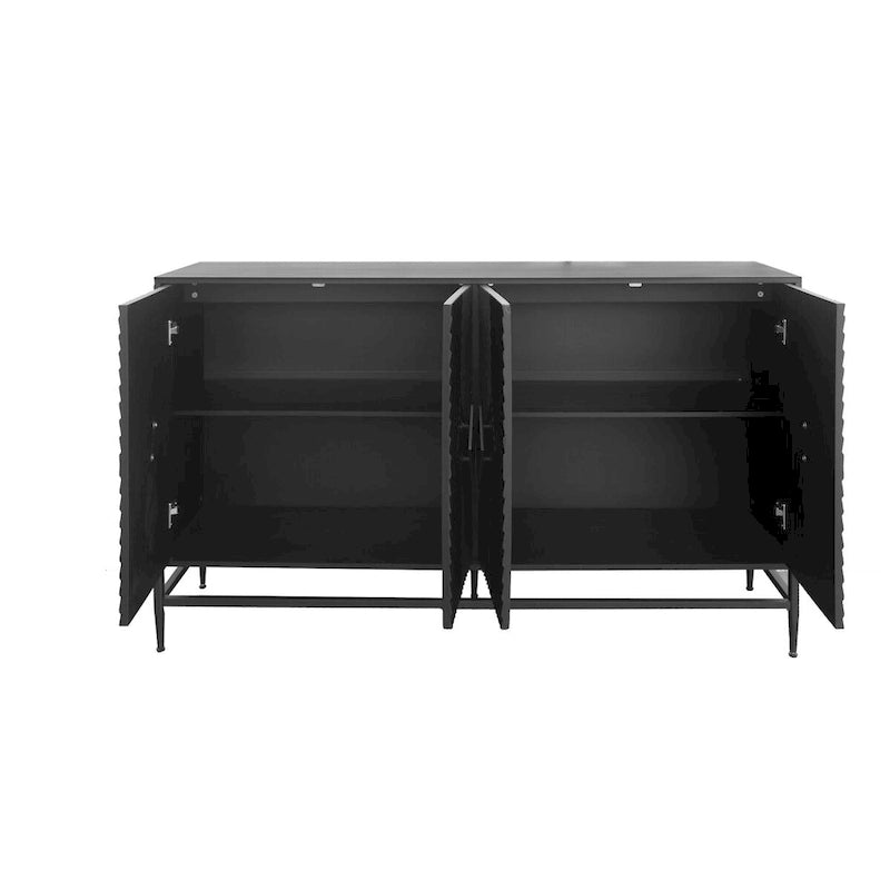 Black Lacquered Fluted 4-Door Minimalist Sideboard with Metal Legs