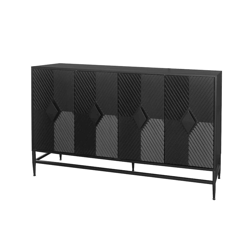 Black Lacquered Fluted 4-Door Minimalist Sideboard with Metal Legs
