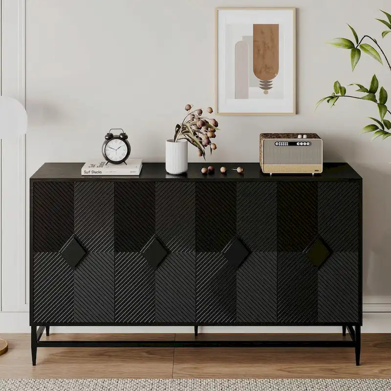 Black Lacquered Fluted 4-Door Minimalist Sideboard with Metal Legs