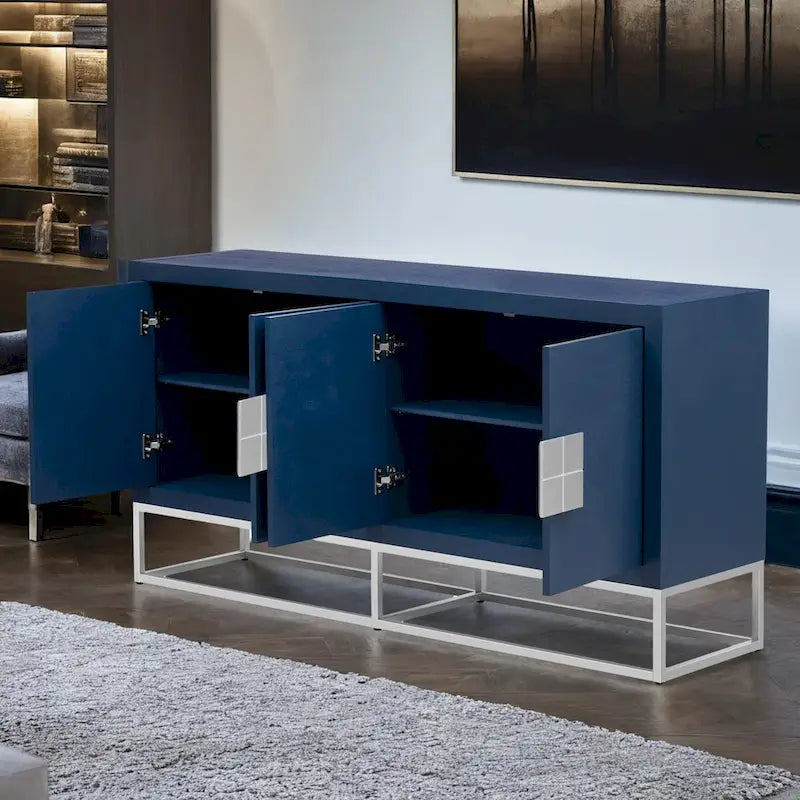Modern 4-Door Storage Cabinet with Adjustable Shelves and Sculptural Support Legs