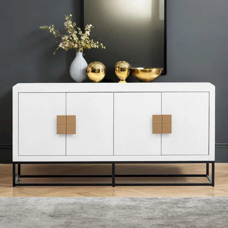 Modern 4-Door Storage Cabinet with Adjustable Shelves and Sculptural Support Legs