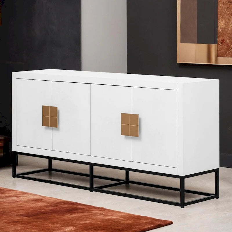Modern 4-Door Storage Cabinet with Adjustable Shelves and Sculptural Support Legs