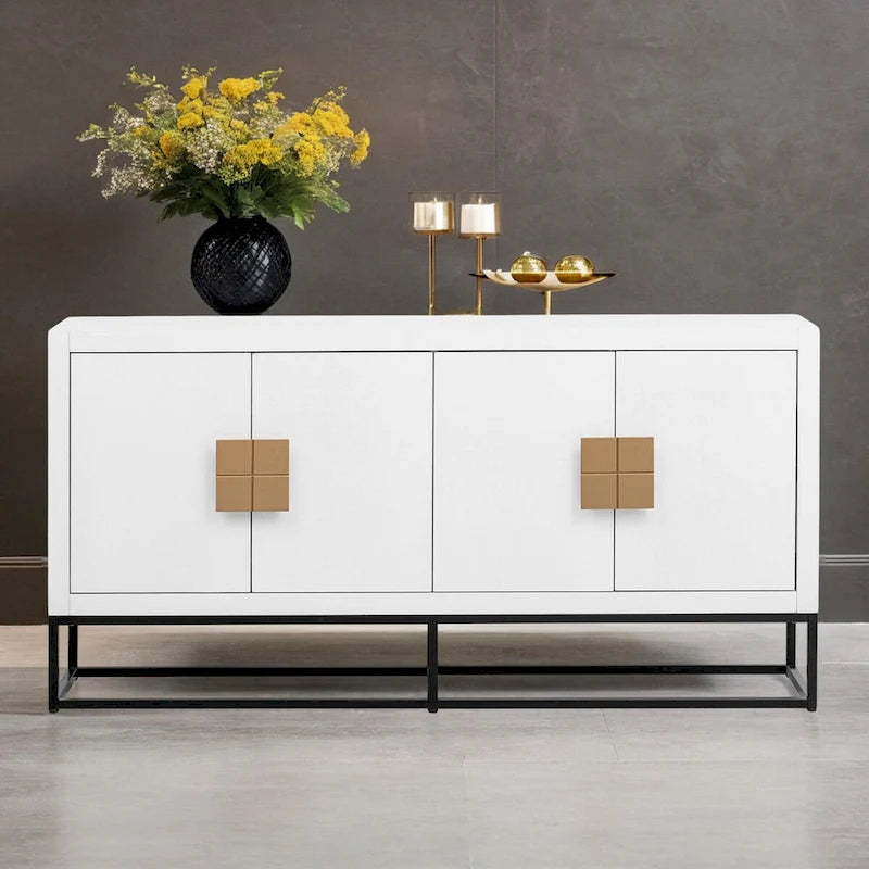 Modern 4-Door Storage Cabinet with Adjustable Shelves and Sculptural Support Legs