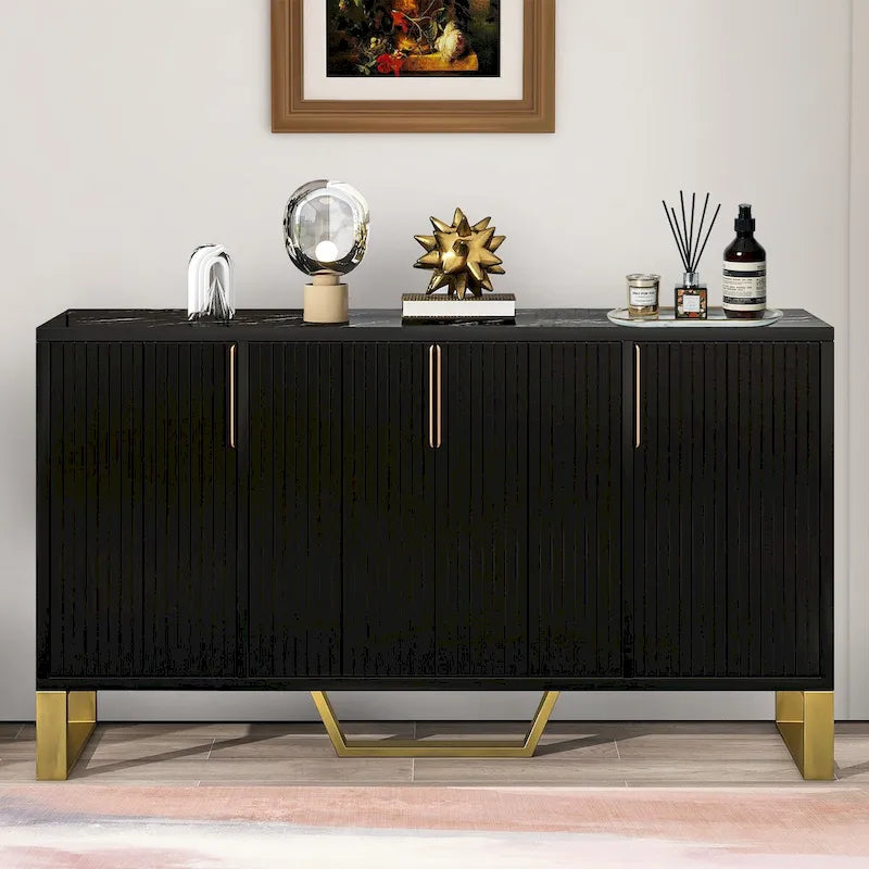 Faux Marble Top 3-Door Wooden Sideboard with Gold Metal Legs – 60 Inch