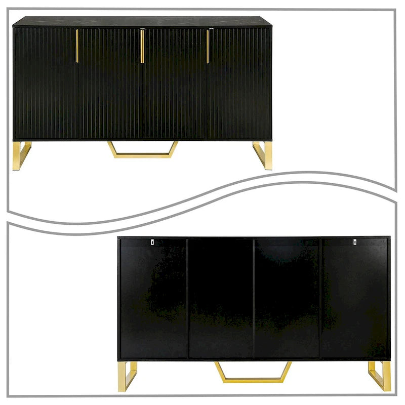 Faux Marble Top 3-Door Wooden Sideboard with Gold Metal Legs – 60 Inch