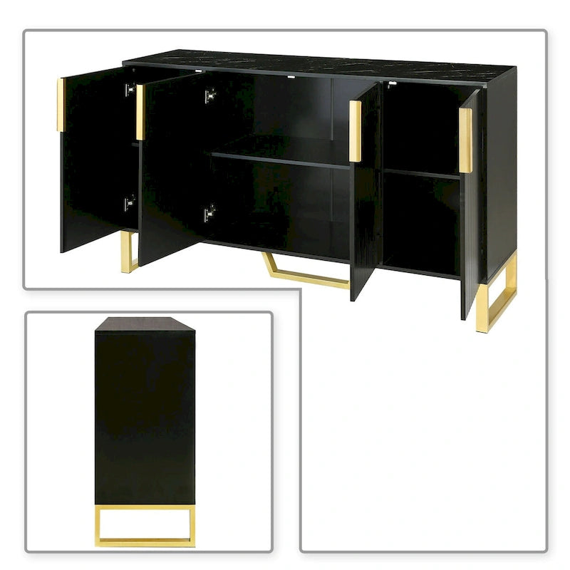 Faux Marble Top 3-Door Wooden Sideboard with Gold Metal Legs – 60 Inch