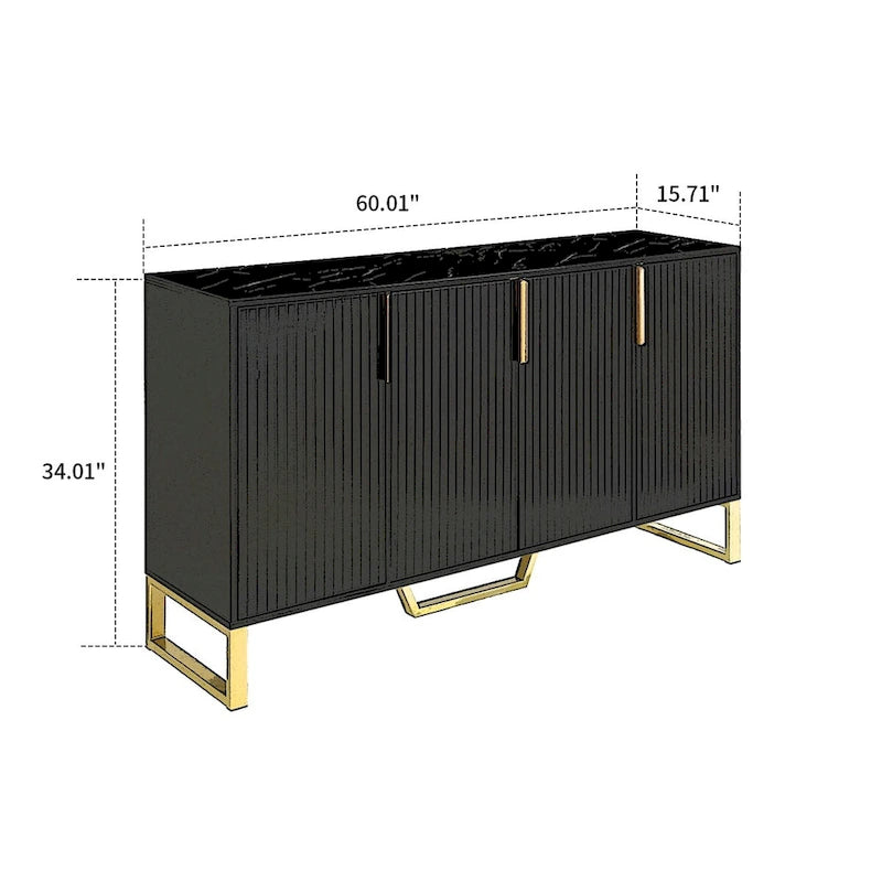 Faux Marble Top 3-Door Wooden Sideboard with Gold Metal Legs – 60 Inch