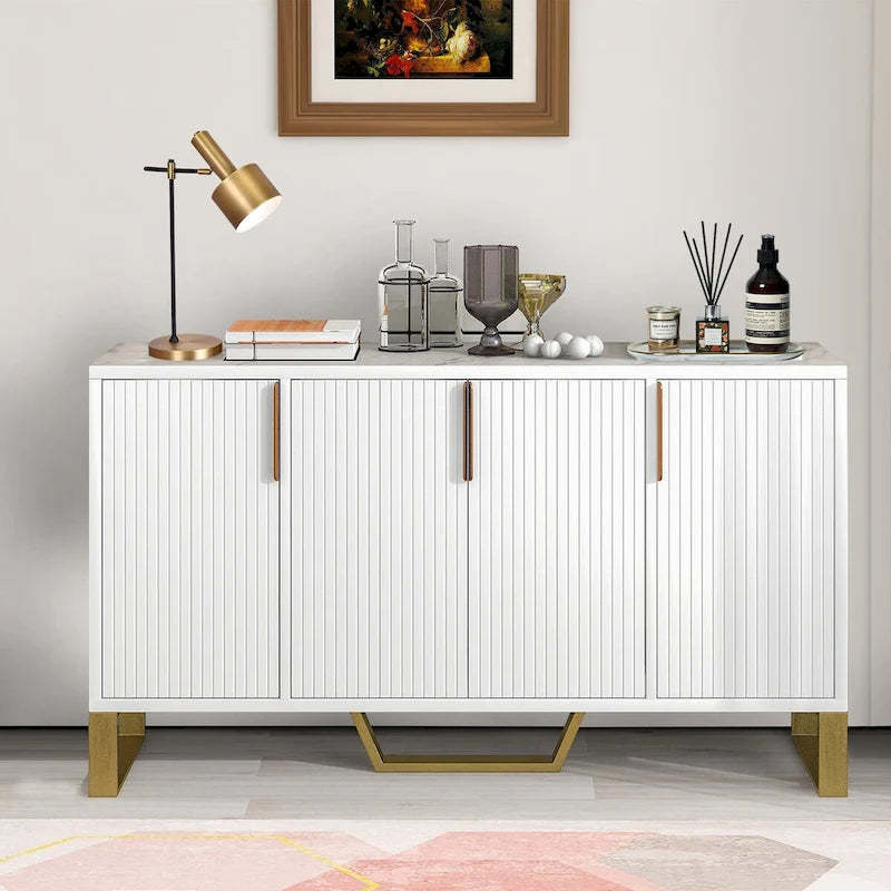 Faux Marble Top 3-Door Wooden Sideboard with Gold Metal Legs – 60 Inch