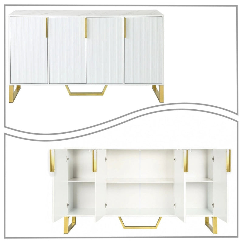 Faux Marble Top 3-Door Wooden Sideboard with Gold Metal Legs – 60 Inch