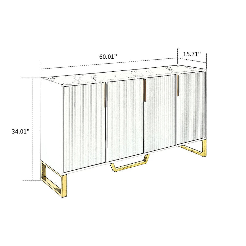 Faux Marble Top 3-Door Wooden Sideboard with Gold Metal Legs – 60 Inch