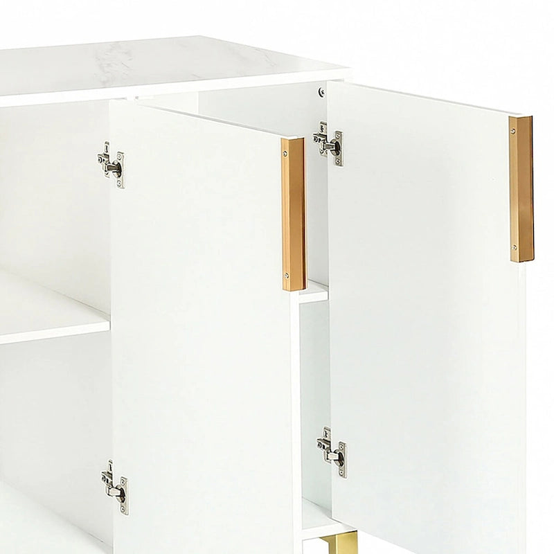 Faux Marble Top 3-Door Wooden Sideboard with Gold Metal Legs – 60 Inch
