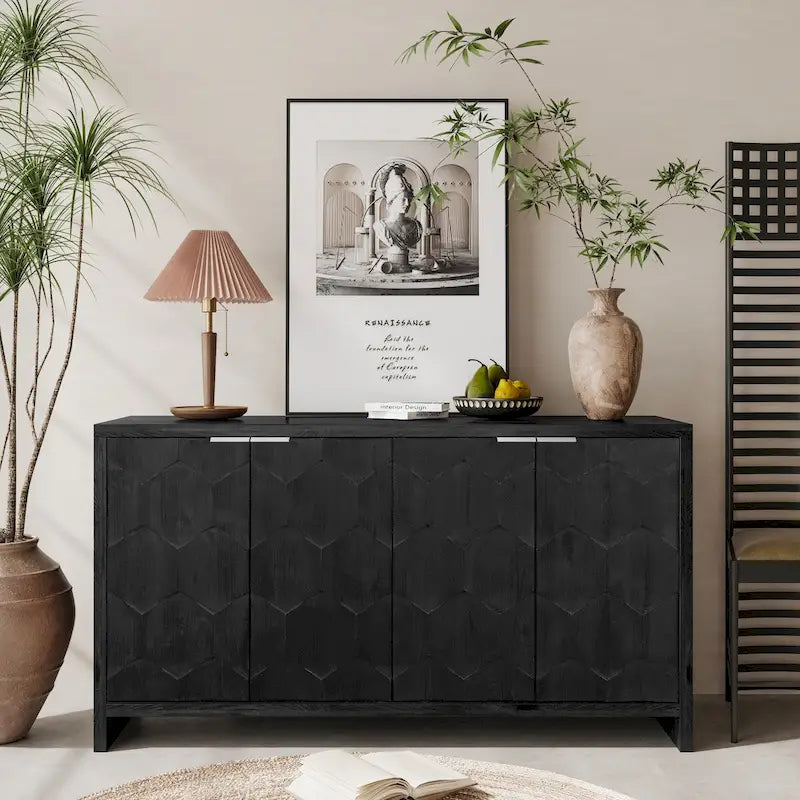 Farmhouse 4-Door Wooden Accent Cabinet with Hexagonal Panel Detail