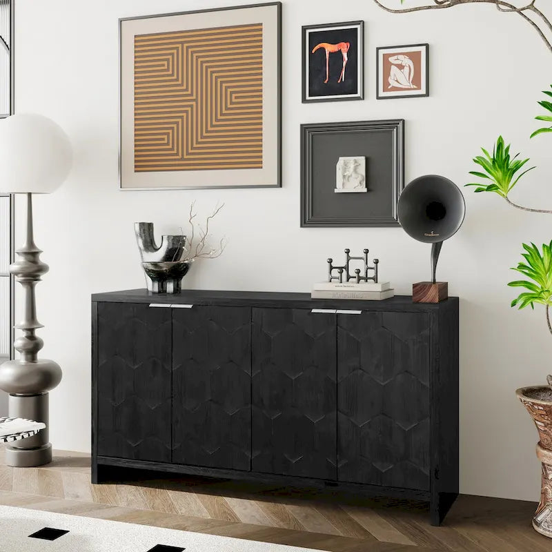 Farmhouse 4-Door Wooden Accent Cabinet with Hexagonal Panel Detail
