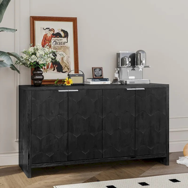 Farmhouse 4-Door Wooden Accent Cabinet with Hexagonal Panel Detail