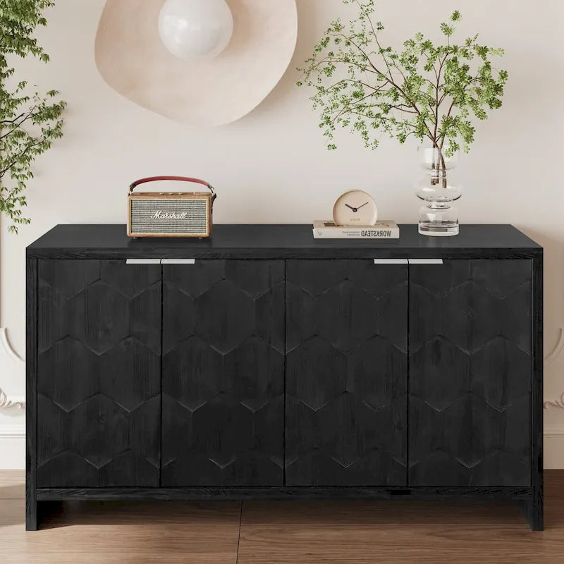 Farmhouse 4-Door Wooden Accent Cabinet with Hexagonal Panel Detail