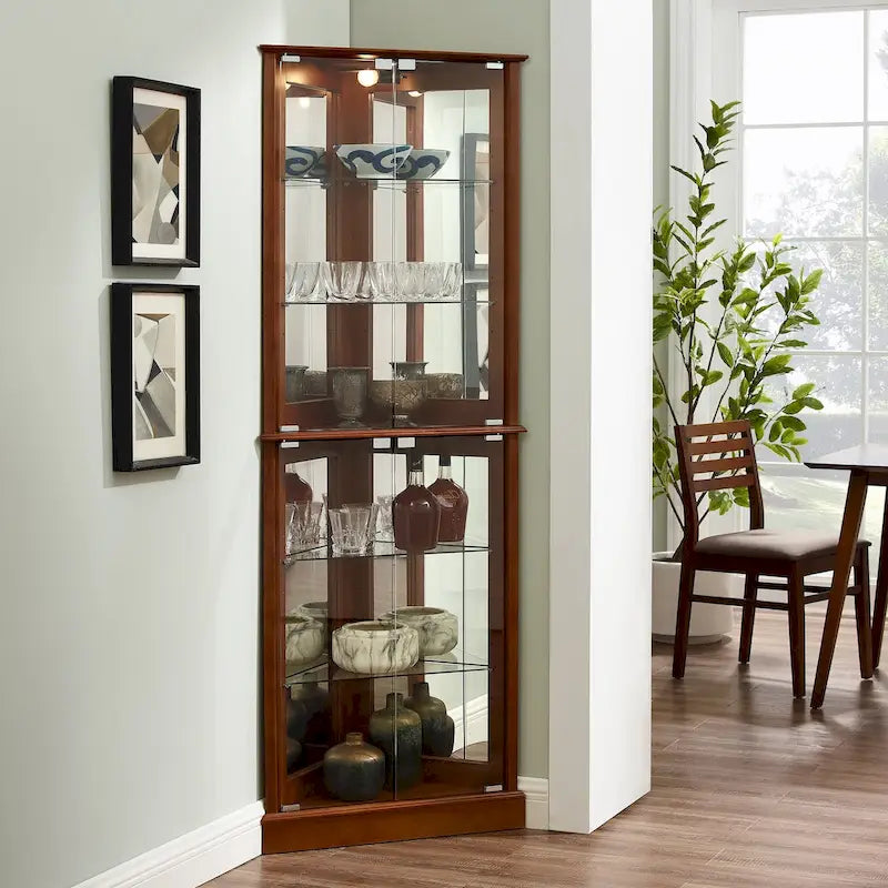 Corner Curio Display Cabinet with Lighting, Mirrored Back & Tempered Glass Shelves