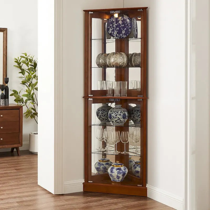Corner Curio Display Cabinet with Lighting, Mirrored Back & Tempered Glass Shelves
