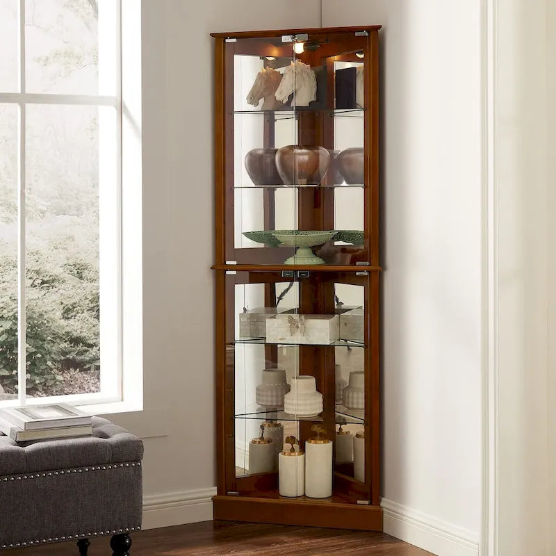 Corner Curio Display Cabinet with Lighting, Mirrored Back & Tempered Glass Shelves